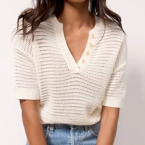 Varley Cream Open-Knit V-Neck Button Sweater